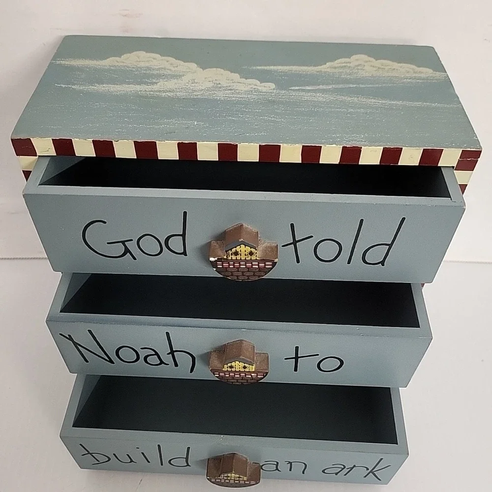 BLUE WOOD 3 DRAWER NOAHS ARK MINI CHEST NURSERY ORGANIZER DECOR